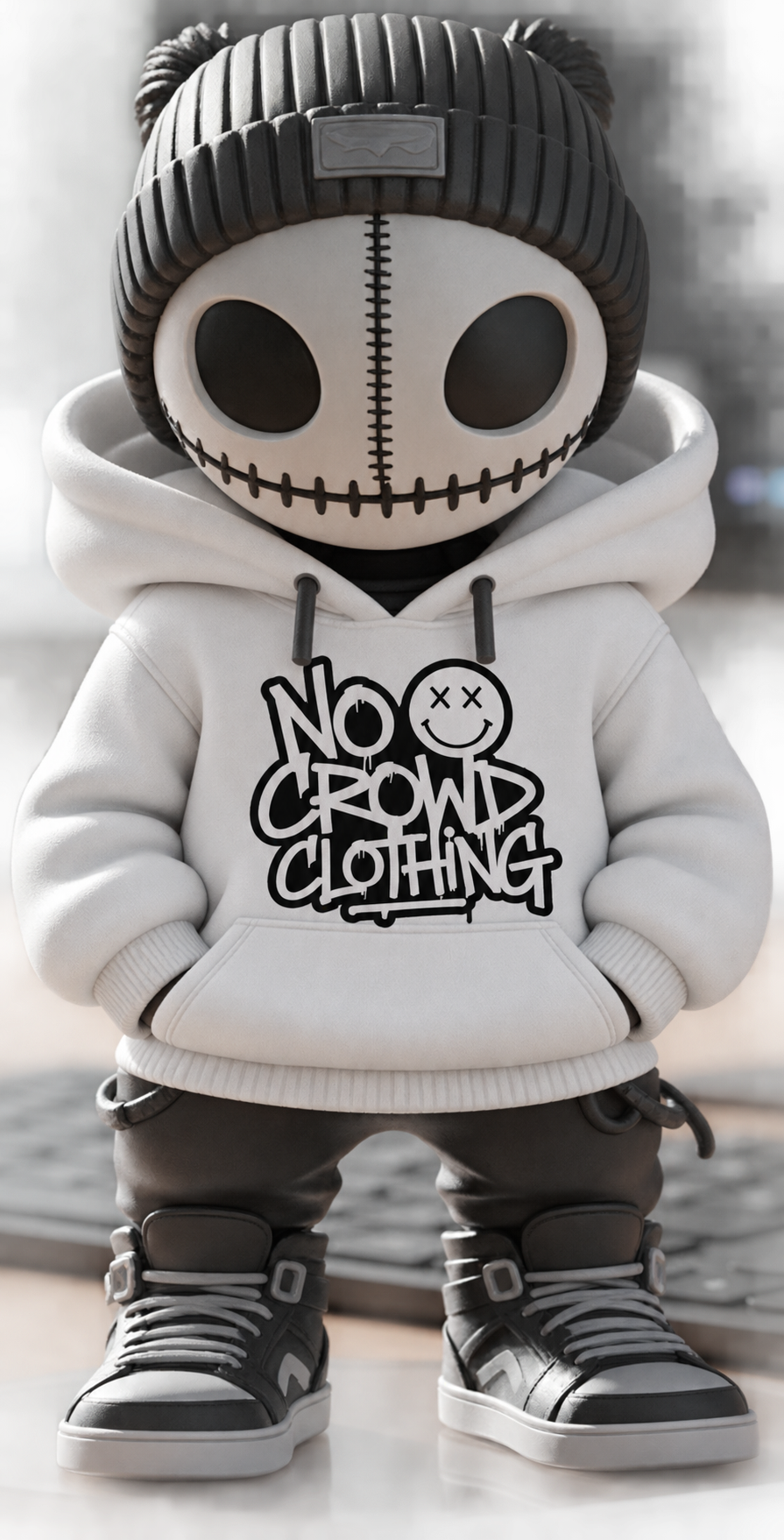 Stitch wearing his white No Crowd Clothing hoodie
